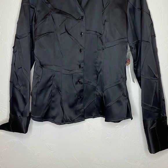 Samuel Dong Button up collared blouse textured long sleeve black satin NEW! - Picture 6 of 7